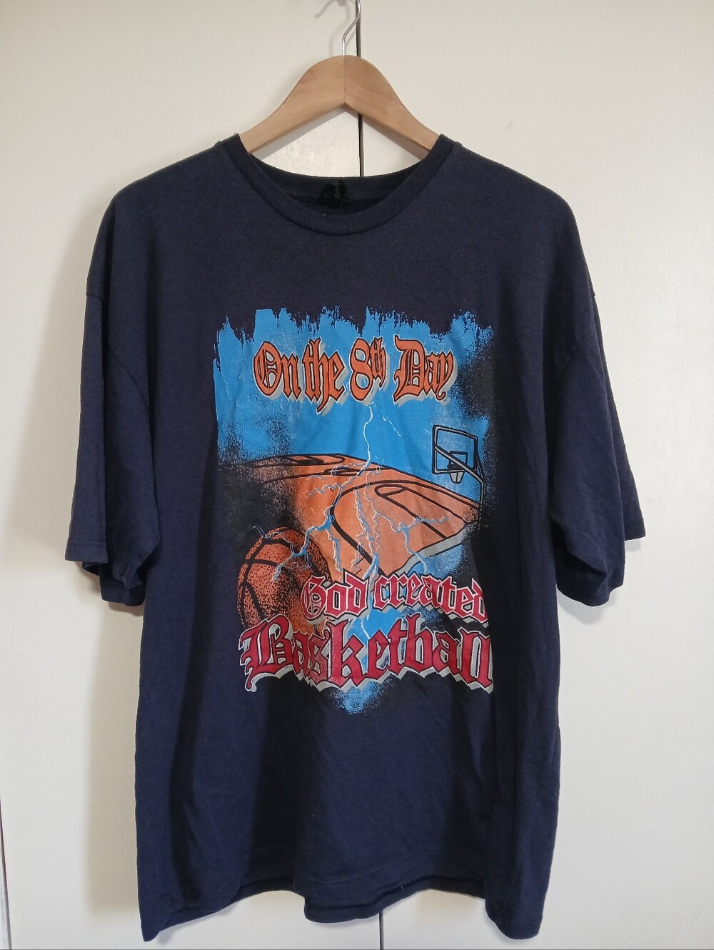 ​Retro Novelty God Created Basketball Graphic Tee Navy Blue Short Sleeve Shirt L